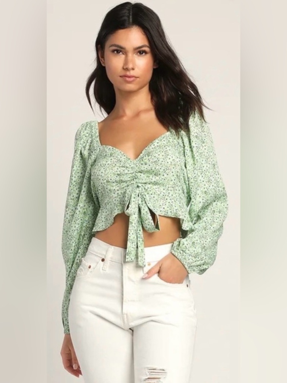 Vero Moda Light Green Floral Tie-Front Long Sleeve Crop Top
